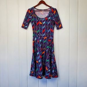 Lularoe Sz Small Nicole Scoop Neck Purple Chevron Pattern Fit Flare Dress
